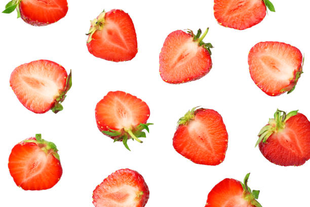 istock Sliced strawberry isolated on white background. Top view 1155845003
