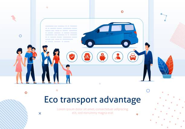 ilustraciones, imágenes clip art, dibujos animados e iconos de stock de beneficio ecotransporte de eco transport advantage ecológico - family in car