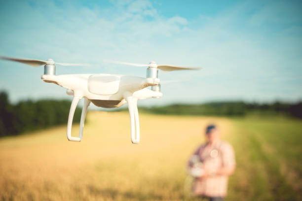 człowiek latający dronem nad polami zbożowymi - skill agriculture horizontal outdoors zdjęcia i obrazy z banku zdjęć