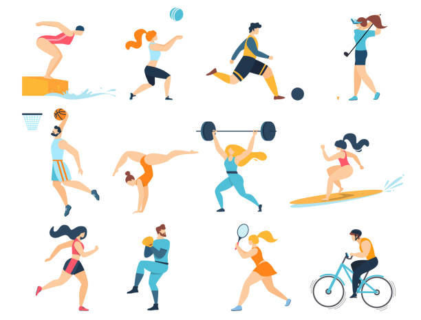 Professional Sport Activities. Men Women Sportsmen Professional Sport Activities Set. Men Women Sportsmen Characters Workout. Swimming, Basketball, Biking, Athletics, Gymnastics Exercises, Surfing, Golf, Weightlifting. Cartoon Flat Vector Illustration athleticism stock illustrations