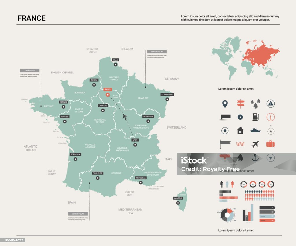 Vector map of France. Country map with division, cities and capital Paris. Political map,  world map, infographic elements. Map stock vector