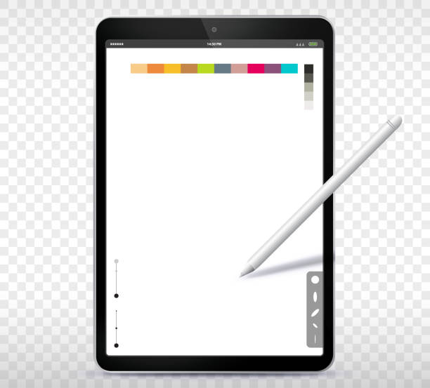 ilustraciones, imágenes clip art, dibujos animados e iconos de stock de dibujo con tablet pc y lápiz vector illustration - retina display