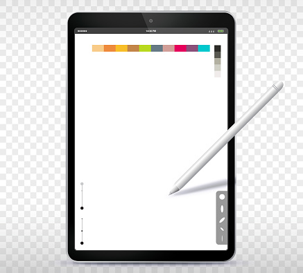 Drawing with Tablet Computer and Digital Pen Vector Illustration on transparent background.