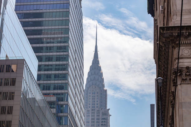 istock New York, Manhattan. High buildings view from below against blue sky background 1155854149