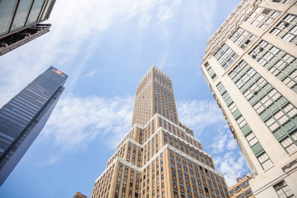 New York, Manhattan. High buildings view from below against blue sky background