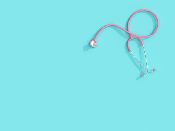 istock 3d image render of a pink stethoscope on a blue background. 1155854261