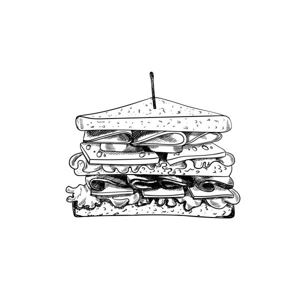 illustrazioni stock, clip art, cartoni animati e icone di tendenza di sandwich vettoriale con schizzo dello stuzzicadenti, illustrazione disegnata a mano, contorno disegno nero isolato. - panino