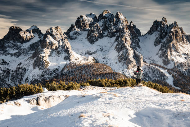 istock view on scenic snowy mountain range landscape in sunlight, view from monte piana in dolomites, italy 1155861439