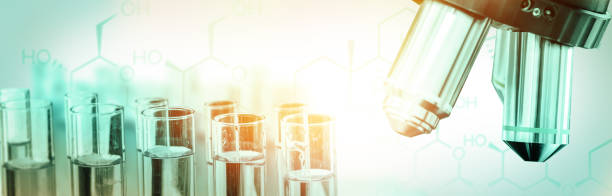 Science research and development concept. Research and development concept. Double exposure image of scientific and medical lab instrument, microscope, test tube and glass flask for microbiology and chemistry in laboratory for medicine study. biochemist photos stock pictures, royalty-free photos & images