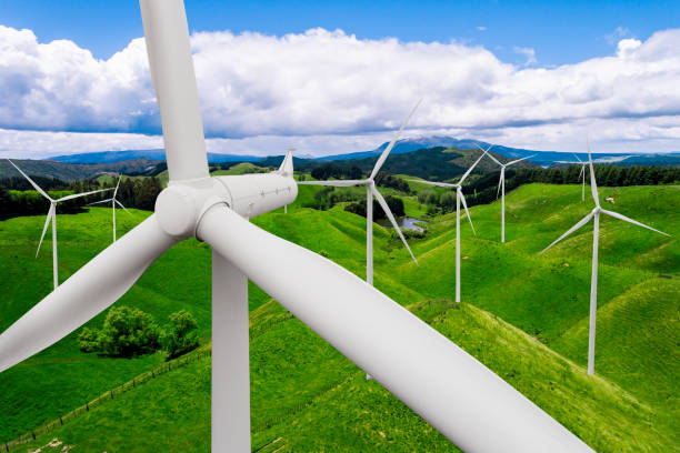 wind turbine farm in beautiful nature landscape. - climate wind engine wind turbine imagens e fotografias de stock