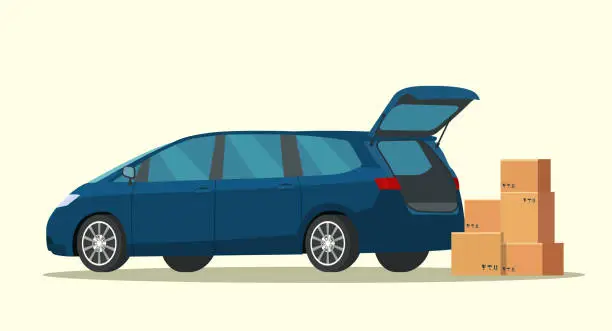Vector illustration of Minivan with open trunk and boxes  isolated. Vector flat style illustration.