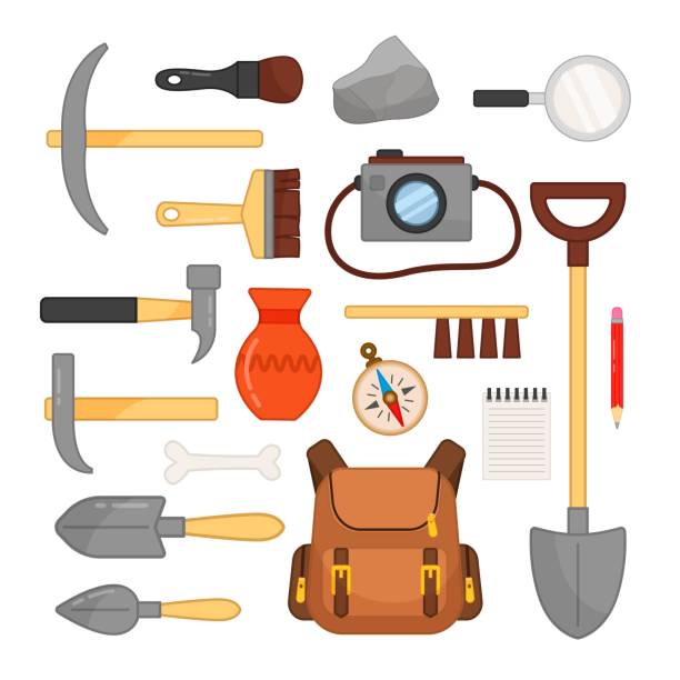 Vector set of archaeological tools. Vector set of archaeological tools. Hammers, brushes, camera and other archaeological objects. paleontologist stock illustrations