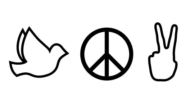 znaki pokoju i miłości. ikony czarnej linii hippie. - disarmament stock illustrations