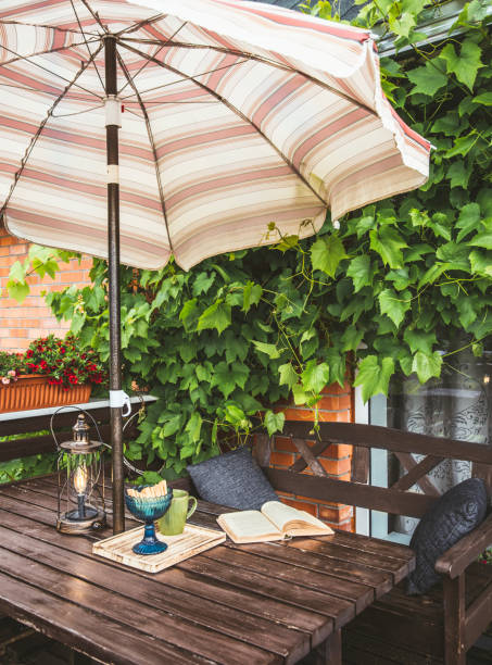 istock Cute private home balcony with lush grapevines as decoration and opened sun beach umbrella for shade in sunny summer day weather. Opened book, modern metal bulb lantern and cup on garden furniture. 1155863376