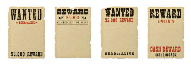 illustrations, cliparts, dessins animés et icônes de wanted dead or alive blank poster template with grunge textured typography and ripped vintage faded yellow paper isolated on white background. - bandit