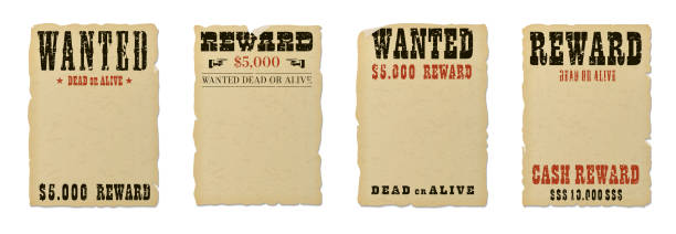 ilustrações de stock, clip art, desenhos animados e ícones de wanted dead or alive blank poster template with grunge textured typography and ripped vintage faded yellow paper isolated on white background. - wanted poster