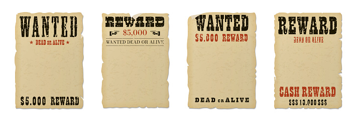 Wanted dead or alive blank poster template with grunge textured typography and ripped vintage faded yellow paper isolated on white background.
