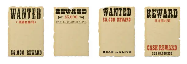 Vector illustration of Wanted dead or alive blank poster template with grunge textured typography and ripped vintage faded yellow paper isolated on white background.