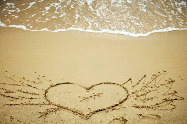 Wave running to heart shape drawn on white sand of tropical beach. Copy space