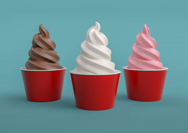 trio macio do cone de gelado do saque no azul - iogurte gelado - fotografias e filmes do acervo
