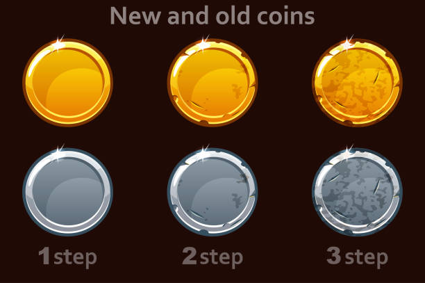 ilustrações de stock, clip art, desenhos animados e ícones de coin icon. vector gold and silver coins. 3 steps of drawing a coin from new to old. - silver medal medal coin silver