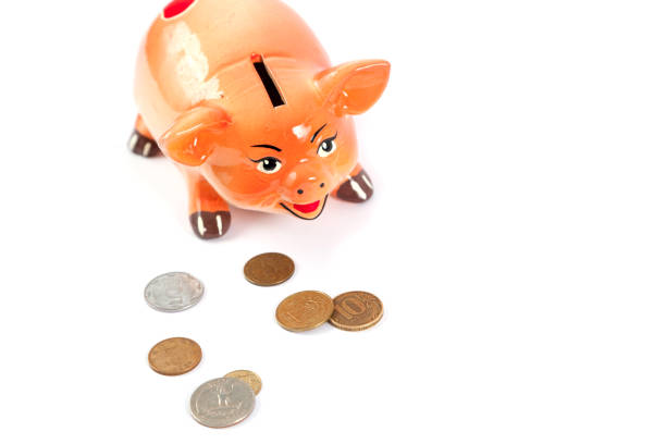 Piggy bank in the shape of a pig symbol of 2019 on a white background close-up. Nearby are round coins