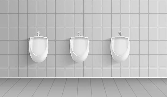 Realistic 3d Detailed Men Public Toilet Room Interior with Row Clean Ceramic Urinals. Vector illustration of Lavatory