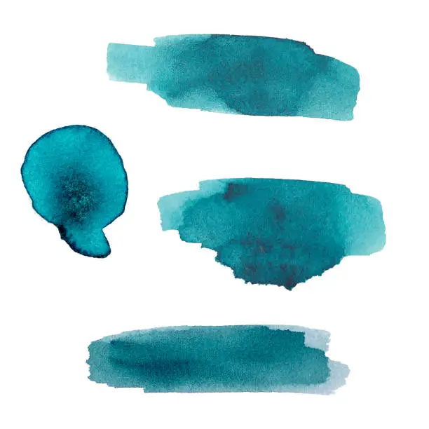 Photo of Set of turquoise colorful watercolor splash on white background.