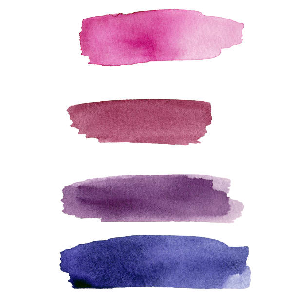 set of purple and pink colorful watercolor blot on white paper. - brush stroke paint stroking isolated imagens e fotografias de stock