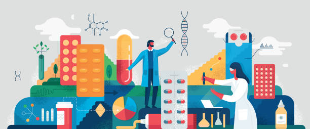 Medical Development Concept Flat trendy vector illustration with hand drawn textures depicting medical and pharmaceutical research concept. vitamins and minerals chart stock illustrations