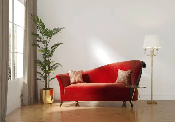 Photo of Classic Parisian luxury interior with red chaise lounge