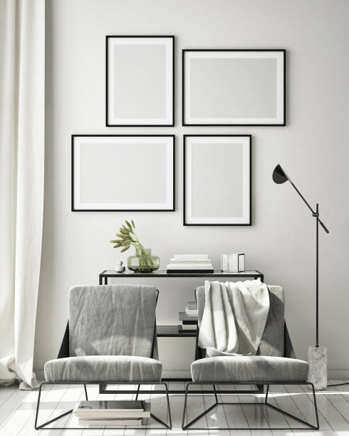 istock mock up poster frame in hipster interior background, scandinavian style, 3D render 1155866561