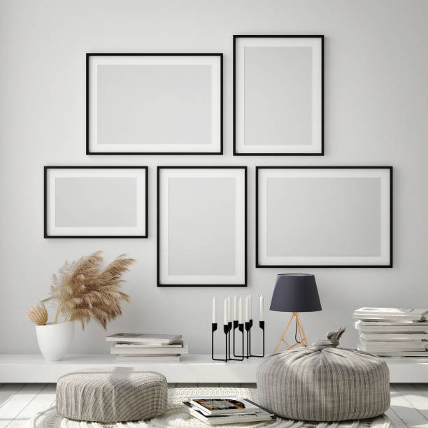 istock mock up poster frame in hipster interior background, scandinavian style, 3D render 1155866575