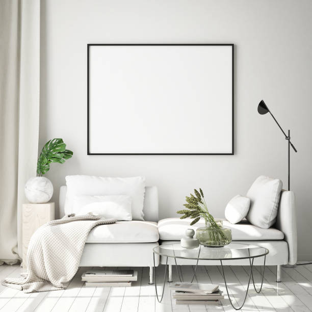 istock mock up poster frame in hipster interior background, scandinavian style, 3D render 1155866581