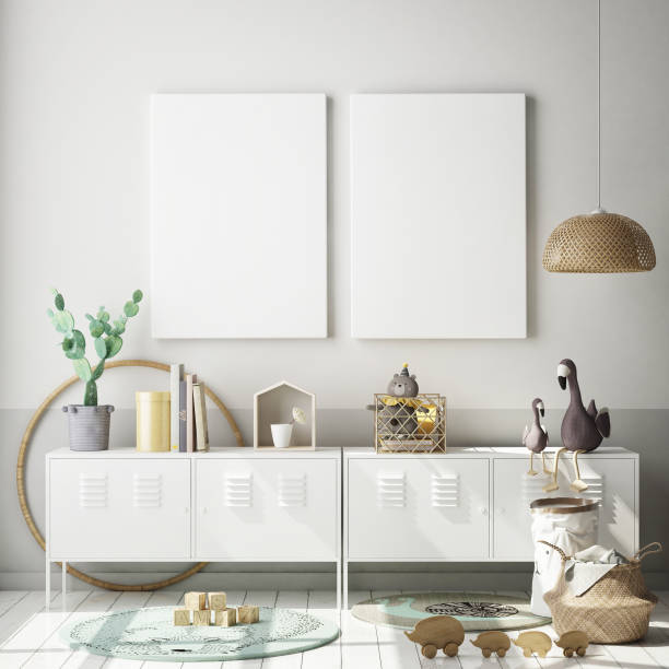 istock mock up poster frames in children bedroom, Scandinavian style interior background, 3D render 1155866582