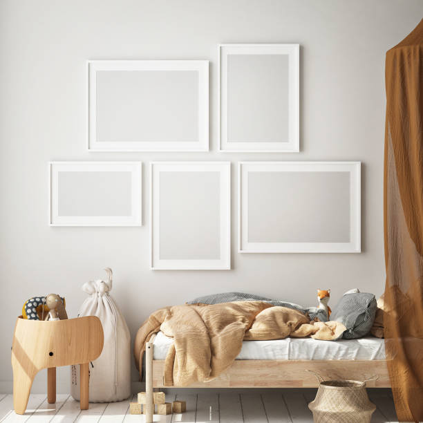 istock mock up poster frames in children bedroom, Scandinavian style interior background, 3D render 1155866584