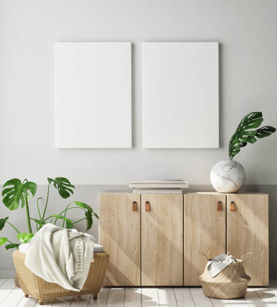 istock mock up poster frame in hipster interior background, scandinavian style, 3D render 1155866592