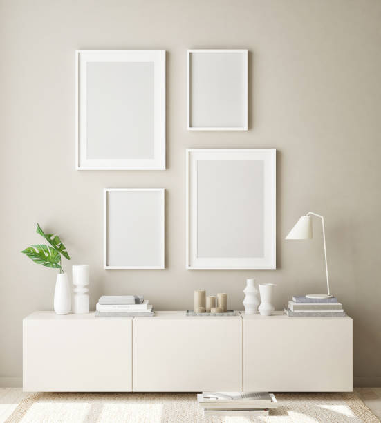 istock mock up poster frame in hipster interior background, scandinavian style, 3D render 1155866594