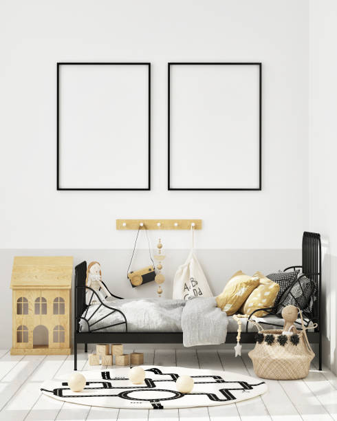 istock mock up poster frames in children bedroom, Scandinavian style interior background, 3D render 1155866601