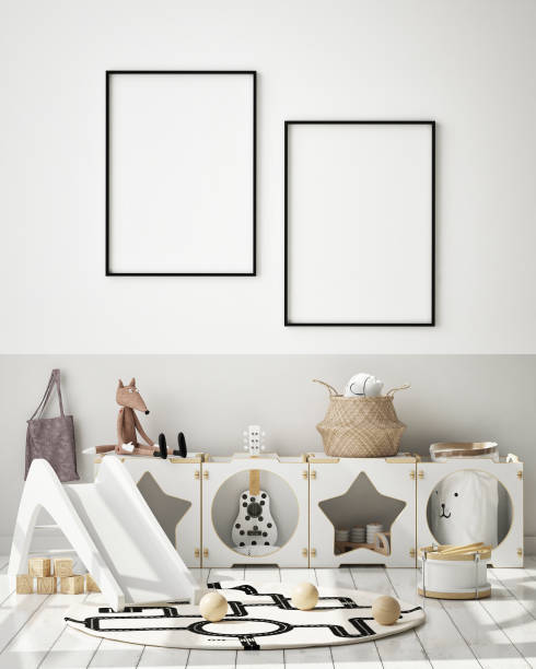 istock mock up poster frames in children bedroom, Scandinavian style interior background, 3D render 1155866602