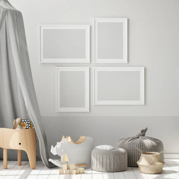 istock mock up poster frames in children bedroom, Scandinavian style interior background, 3D render 1155866605