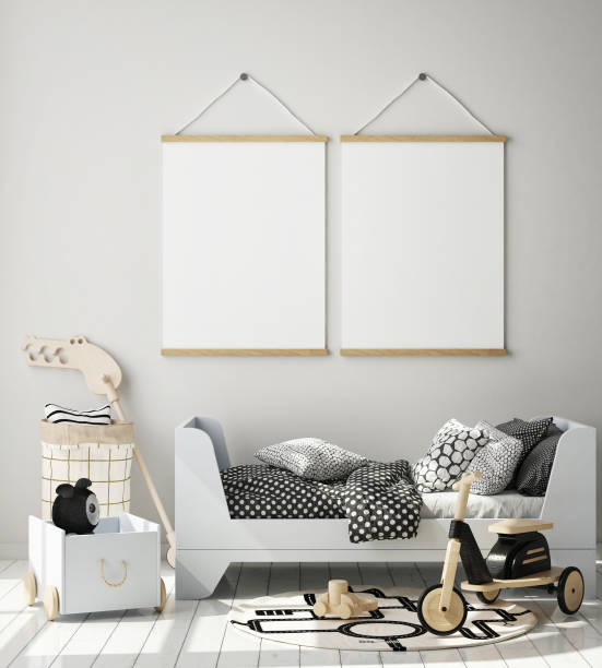istock mock up poster frames in children bedroom, Scandinavian style interior background, 3D render 1155866617