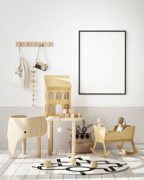 istock mock up poster frames in children bedroom, Scandinavian style interior background, 3D render 1155866621