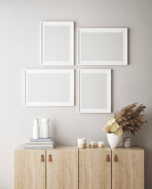 istock mock up poster frame in hipster interior background, scandinavian style, 3D render 1155866641