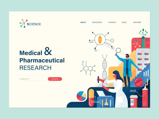 Template situs web trendi datar dengan teks ruang salinan dan ilustrasi vektor dengan tekstur yang digambar tangan yang menggambarkan konsep penelitian medis dan farmasi.
