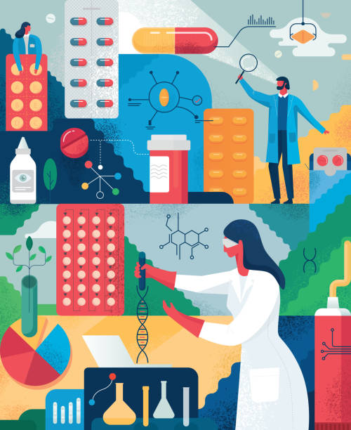 Medications Development Flat trendy vector illustration with hand drawn textures depicting medical and pharmaceutical research concept. vitamins and minerals chart stock illustrations