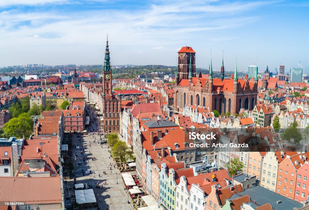 Gdańsk - the old city seen from the air. Długi Targ and St. Mary's Basilica in Gdansk. The port city of Gdansk. A tourist part of the city of Gdansk seen from the air. Tourist attractions and monuments of the old town. Aerial View Stock Photo