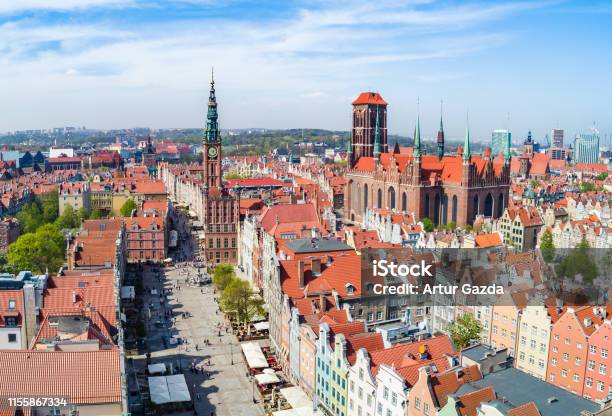 Gdańsk The Old City Seen From The Air Długi Targ And St Marys Basilica In Gdansk Stock Photo - Download Image Now