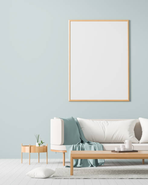 istock Mock up poster frame in Scandinavian style interior with sofa. Minimalist interior design. 3D illustration. 1155867648