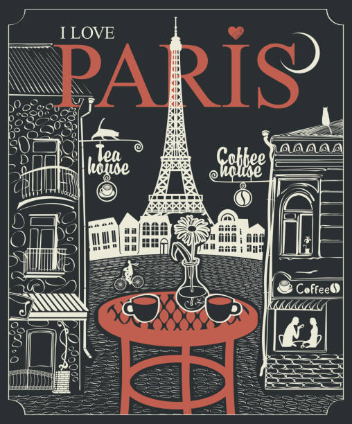 Parisian street cafe with view of the Eiffel tower Vector banner or menu for Parisian street cafe with views of the Eiffel Tower and old buildings, with table for two in retro style on the black background. Drawing chalk on the blackboard eiffel tower restaurant stock illustrations